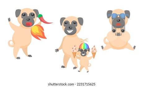 Set Abstract Collection Flat Cartoon Different Animal Pug Dogs Puppy In Goggles With Bulging Eyes  Ate Pepper And Breathes Fire  With Kids And Ice Cream Vector Design Style Elements Fauna Wildlife