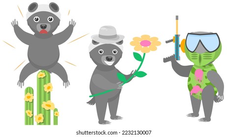 Set Abstract Collection Flat Cartoon Different Animal Honey Badgers Sat On A Catus And Screams, With Flower And Hat, Playing Paintball Vector Design Style Elements Fauna Wildlife