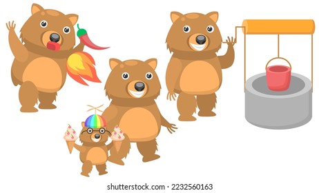 Set Abstract Collection Flat Cartoon Different Animal Wombat Ate Pepper And Breathes Fire  With Kids And Ice Cream  Draws Water From A Well Vector Design Style Elements Fauna Wildlife