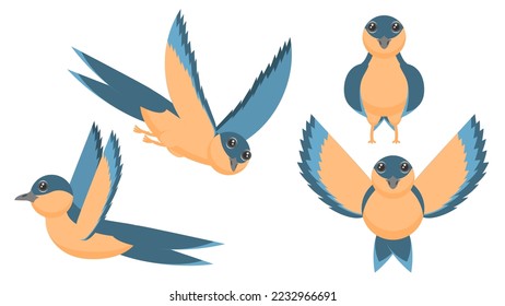 Set Abstract Collection Flat Cartoon Different Animal Birds Martin Swallows Stand, Flying With Spread Wings Vector Design Style Elements Fauna Wildlife