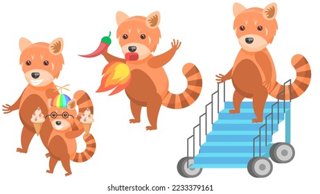 Set Abstract Collection Flat Cartoon Different Animal Red Pandas Ate Pepper And Breathes Fire  With Kids And Ice Cream  Descends From The Plane Vector Design Style Elements Fauna Wild