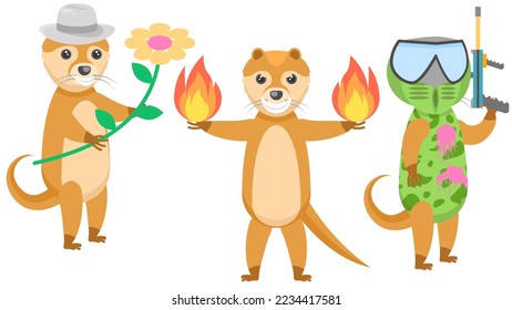 Set Abstract Collection Flat Cartoon Different Animal Otters With Flower And Hat, Playing Paintball, With Fire In Each Hand Vector Design Style Elements Fauna Wildlife