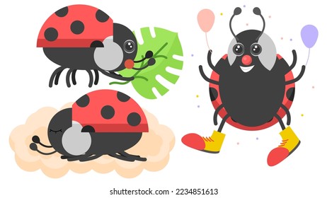 Set Abstract Collection Flat Cartoon Different Animal Insect Ladybug Holding A Leaf, Sleeping On A Cloud, Clown With Balloons Vector Design Style Elements Fauna Wildlife