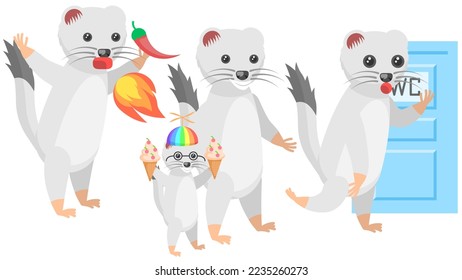 Set Abstract Collection Flat Cartoon Different Animal Ermines Ate Pepper And Breathes Fire, With Kids And Ice Cream, Opens The Toilet Door Vector Design Style Elements Fauna Wildlife