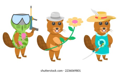 Set Abstract Collection Flat Cartoon Different Animal Beavers With Flower And Hat, Playing Paintball, Musketeer In A Hat And With A Saber Vector Style Elements Fauna Wildlife