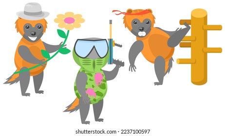 Set Abstract Collection Flat Cartoon Different Animal Wolverines With Flower And Hat, Playing Paintball, Training On A Wooden Mannequin Vector Design Style Elements Fauna Wildlife