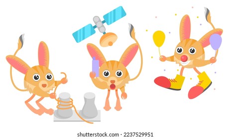 Set Abstract Collection Flat Cartoon Different Animal Jerboa Tying A Rope To A Bollard, Clown With Balloons, talking on cell phone Vector Design Style Elements Fauna Wildlife