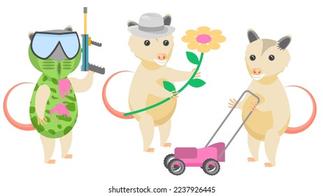 Set Abstract Collection Flat Cartoon Different Animal Opossum With Flower And Hat, Playing Paintball, Cutting Grass With A Lawn Mower Vector Design Style Elements Fauna Wildlife