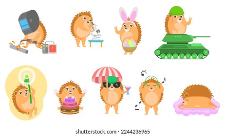 Set Abstract Collection Flat Cartoon Different Animal Hedgehogs Vector Design Elements Fauna Wildlife