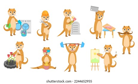 Set Abstract Collection Flat Cartoon Different Animal Otters Vector Design Style Elements Fauna Wildlife