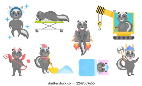 Set Abstract Collection Flat Cartoon Different Animal Skunk Vector Design Style Elements Fauna Wildlife