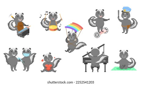 Set Abstract Collection Flat Cartoon Different Animal Skunk Vector Design Style Elements Fauna Wildlife