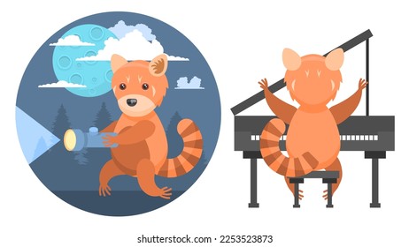 Set Abstract Collection Flat Cartoon Different Animal Red Pandas Plays The Piano, Walking In The Dark With A Flashlight Vector Design Style Elements Fauna Wild
