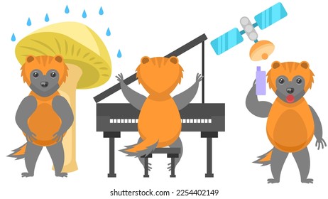 Set Abstract Collection Flat Cartoon Different Animal Wolverines Hiding From The Rain Under A Mushroom, Plays The Piano, Talking On Cell Phone Vector Design Style Elements Fauna Wildlife