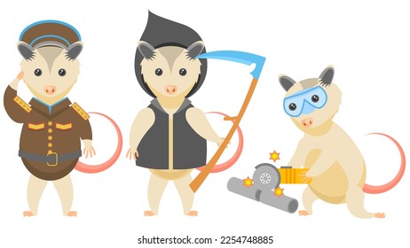 Set Abstract Collection Flat Cartoon Different Animal Opossum With Grim Reaper, Sawing Grinder, Military Salutes Vector Design Style Elements Fauna Wildlife