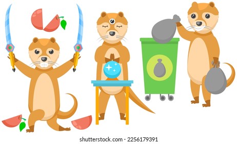 Set Abstract Collection Flat Cartoon Different Animal Otters Throws Out The Trash, Three Eyes And A Ball Of Predictions, Cutting An Apple With Two Swords Vector Design Style Elements Fauna Wildlife