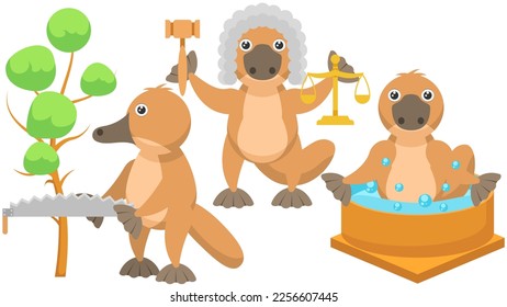 Set Abstract Collection Flat Cartoon Different Animal Platypus Duckbill  Judge With Scales And Gavel, Enjoying In The Jacuzzi, Sawing A Tree Vector Elements Fauna Wildlife