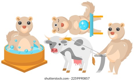 Set Abstract Collection Flat Cartoon Different Animal Tupaia  Enjoying In The Jacuzzi, Three Eyes And A Ball Of Predictions, Work With The Cow On The Plow Vector Design Style Elements Fauna Wildlife