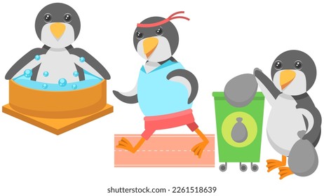 Set Abstract Collection Flat Cartoon Different Animal Penguins Throws Out The Trash, Enjoying In The Jacuzzi, Athlete Running On The Track Vector Design Style Elements Fauna Wildlife