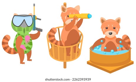 Set Abstract Collection Flat Cartoon Different Animal Red Pandas Playing Paintball, Enjoying In The Jacuzzi, In A Crow's Nest Looking Through A Spyglass Vector Design Style Elements Fauna Wild