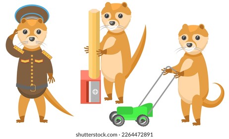 Set Abstract Collection Flat Cartoon Different Animal Otters Military Salutes, Cutting Grass With A Lawn Mower, Sharpening A Pencil On A Sharpener Vector Design Style Elements Fauna Wildlife