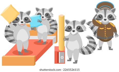 Set Abstract Collection Flat Cartoon Different Animal Raccoons Military Salutes, Sharpening A Pencil On A Sharpener, Pillow Fight On The Bed Vector Design Style Elements Fauna Wildlife
