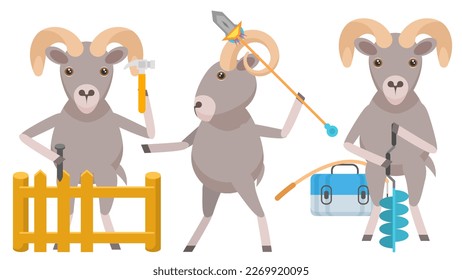 Set Abstract Collection Flat Cartoon Different Animal Arhali Throws Out The Trash, Building A Fence, A Fisherman Makes A Hole With A Hand Drill Vector Design Style Elements Fauna Wildlife