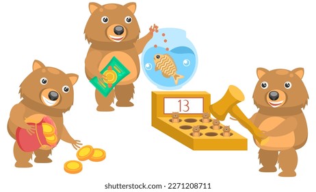 Set Abstract Collection Flat Cartoon Different Animal Wombat Playing A Hammer Game On Hamsters, Picks Up Coins And Puts Them In A Bag, Feeds The Fish Vector Design Style Elements Fauna Wildlife