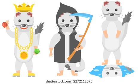 Set Abstract Collection Flat Cartoon Different Animal Ermines Grim Reaper, All In Gold, Llooking At The Reflection In A Puddle Vector Design Style Elements Fauna Wildlife