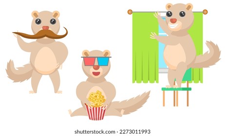 Set Abstract Collection Flat Cartoon Different Animal Tupaia Watching A Movie With Popcorn, Twists His Mustache, Hangs Curtains Vector Design Style Elements Fauna Wildlife