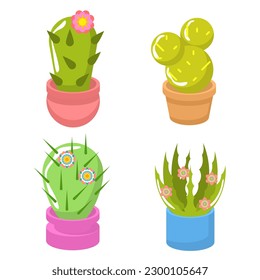 Set Abstract Collection Flat Cartoon  Different Color Cactus In Pots Indoor Garden Houseplants Flora Concept Vector Design Style Elements With Shadows