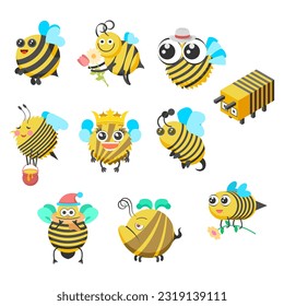 Set Abstract Collection Flat Cartoon Animal Insect Beetle Bee Fly Honey Yellow Animal Vector Design Style Elements Fauna Wildlife