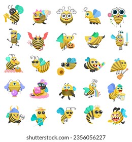 Set Abstract Collection Flat Cartoon Animal Insect Beetle Bee Fly Honey Yellow Animal Vector Design Style Elements Fauna Wildlife