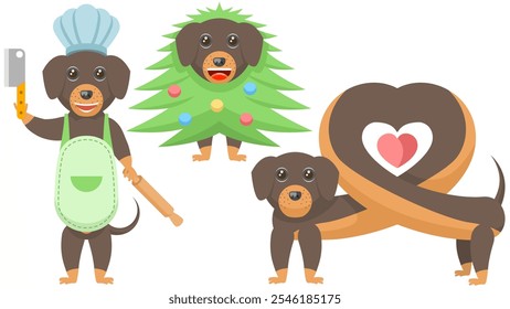 Set Abstract Collection Flat Cartoon Different Animal Dachshunds Dogs In The Shape Of A Heart, Christmas Tree, Chef With A Rolling Pin Vector Design Style Elements Fauna Wildlife