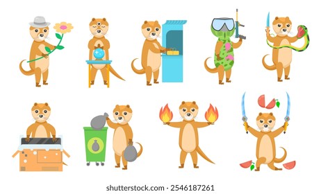 Conjunto de Colección Abstractas Dibujos animados planos Diferentes nutrias animales Vector Diseño Estilo Elementos Fauna Vida Silvestre