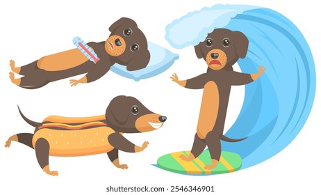 Set Abstrakte Kollektion Flat Cartoon verschiedene Tier Dachshunds Hunde surfen auf einer Welle, krank auf einem Kissen, in einem Hot Dog Vektor Design Stil Elemente Fauna Tierwelt