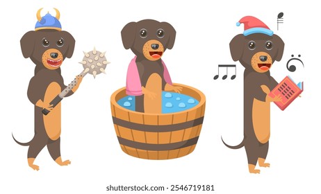 Set Abstract Collection Flat Cartoon Different Animal Dachshunds Dogs With A Mace And A Helmet, In A Hat Sings New Year Songs, Washes In A Tub Vector Design Style Elements Fauna Wildlife