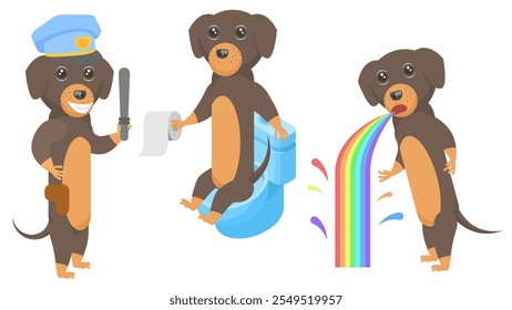 Set Colección Abstractas Dibujos Animados Diferentes Animales Dachshunds Perros Pukes Un Arco Iris, Policía Con Porra, Sentado En El Inodoro Vector Diseño Estilo Elementos Fauna Vida Silvestre