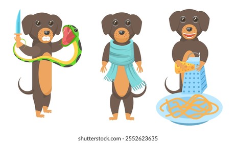 Set Colección Abstractas Dibujos Animados Diferentes Animales Dachshunds Perros Luchando Contra Una Serpiente, Rallando Queso En Un Plato, Vestidos Con Una Bufanda Vector Diseño Estilo Elementos Fauna Vida Silvestre