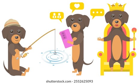 Set Abstract Collection Flat Cartoon Different Animal Dachshunds Dogs King Sits On A Throne Wearing A Crown, With Smartphone, Fishing With A Fishing Rod Vector Design Style Elements Fauna Wildlife