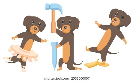 Set Abstract Collection Flat Cartoon Different Animal Dachshunds Dogs Hammering A Nail, Slipped On A Banana Peel, Ballerina Dancing Vector Design Style Elements Fauna Wildlife