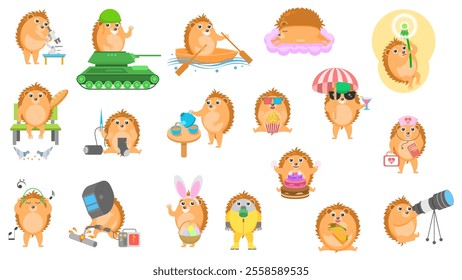 Set Abstract Collection Flat Cartoon Different Animal Hedgehogs Vector Design Elements Fauna Wildlife