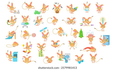 Set Abstract Collection Flat Cartoon Different Animal Jerboas Vector Design Style Elements Fauna Wildlife