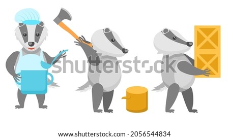 Set Abstract Collection Flat Cartoon 
Different Animal Badgers Cook With A Saucepan And A Ladle, Chopping Wood With An Ax, Loader Carries Boxes Vector Design Style Elements Fauna Wildlife
