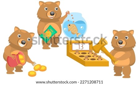 Set Abstract Collection Flat Cartoon Different Animal Wombat Playing A Hammer Game On Hamsters, Picks Up Coins And Puts Them In A Bag, Feeds The Fish Vector Design Style Elements Fauna Wildlife