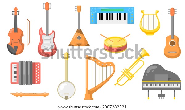Set Abstract Collection Flat Cartoon  Different\
Color Music Instrument Guitar Piano Drum Synthesizer Violin Harp\
Lyre Trombone Accordion Flute Concept Vector Design Style Elements\
With Shadows