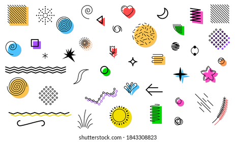 Set Abstrakte kollektionen Geometrische Figuren Formen Memphis-Elemente Farbe einzeln auf weißem Hintergrund