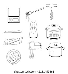 Set Abstract Collection Hand Drawn Kitchen Stuff Doodle Concept Vector Design Outline Style On White Background Isolated For Cooking