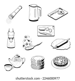 Set Abstract Collection Hand Drawn Kitchen Stuff Doodle Concept Vector Design Outline Style On White Background Isolated For Cooking