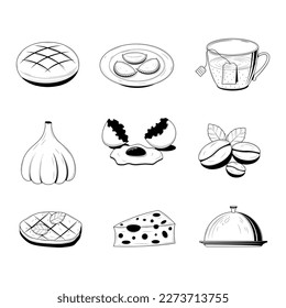 Set Abstract Collection Hand Drawn Kitchen Stuff Doodle Concept Vector Design Outline Style On White Background Isolated For Cooking